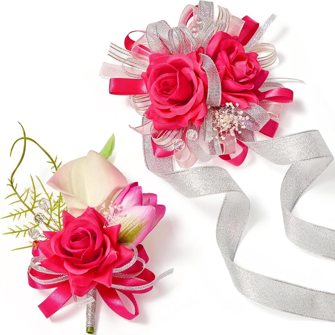 Serwalin Hot Pink Prom Corsage and Boutonniere Set, Artificial Calla Lily & Rose Wrist Corsage Wristlet for Homecoming, Formal Dance, Wedding Flowers Accessories Party Suit Decorations