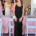 HOCILLE Women's Sexy V Neck Backless Bodycon Spaghetti Strap Elegant Ruffle Maxi Cocktail Party Dresses (Black, L)