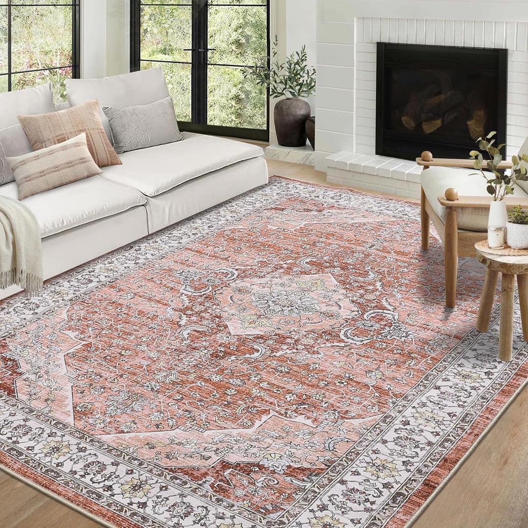 COZYLOOM Washable Area Rug 8 x 10 Rug for Living Room Boho Vintage Medallion Bohemian Rug Non Slip Throw Rugs Large Bedroom Rug Low Pile Stain Resistant Carpet for Dining Room Nursery 8ftx10dt Pink