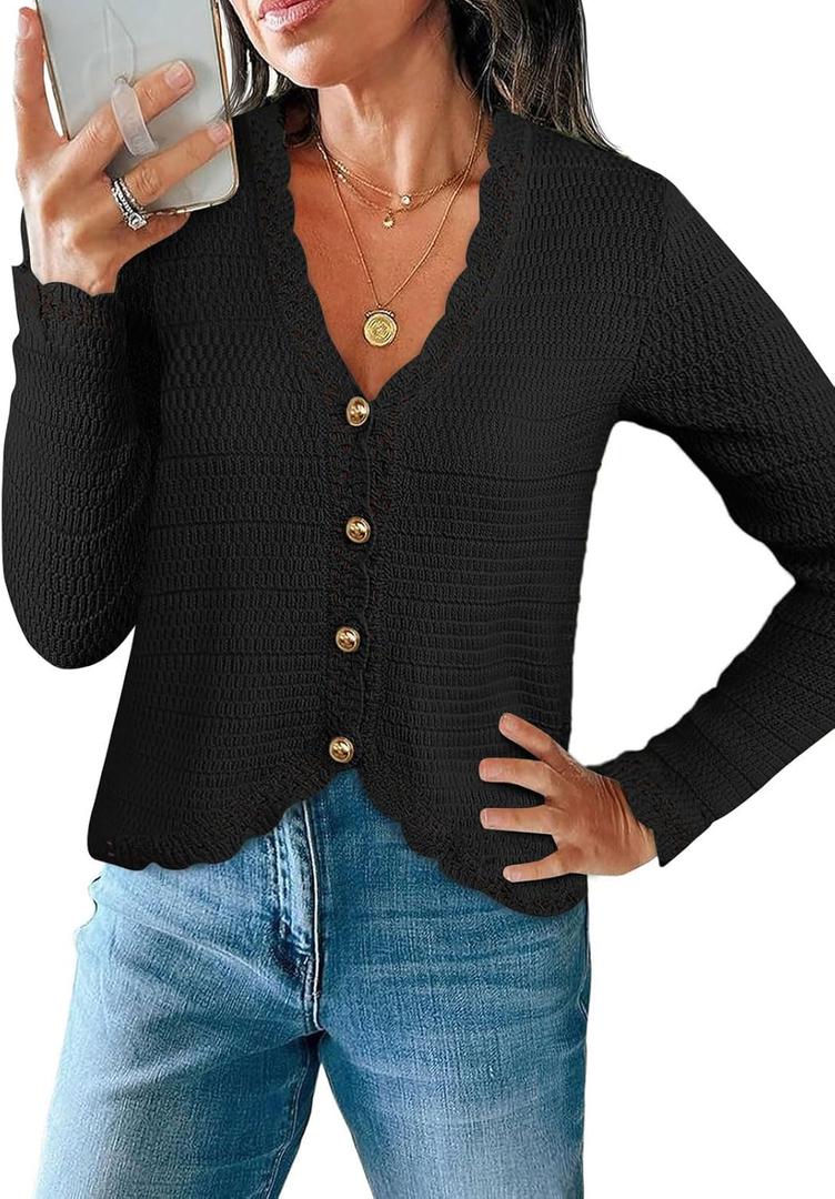 Womens Cardigan Sweaters Trendy Cropped Button Up Long Sleeve V Neck Loose Boho Casual Knit Tops Fall Outfits (Black)