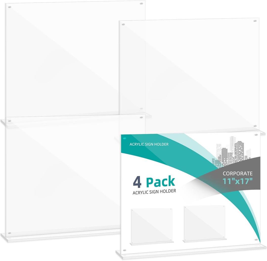 17x11 Acrylic Sign Holder Table Top with Magnetic Corners, 4-Pack Quick Change Display Stand for Menus, Posters and Ads, Restaurant, Office, Events, Retail, Large Size