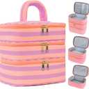 Three Layer Makeup Bag for Women Fashion Stripes Cosmetic Bag Preppy Style Travel Water-Resistant Toiletry Bag for Storage Toiletries Cosmetics Sets for Women Teen Girls Purple