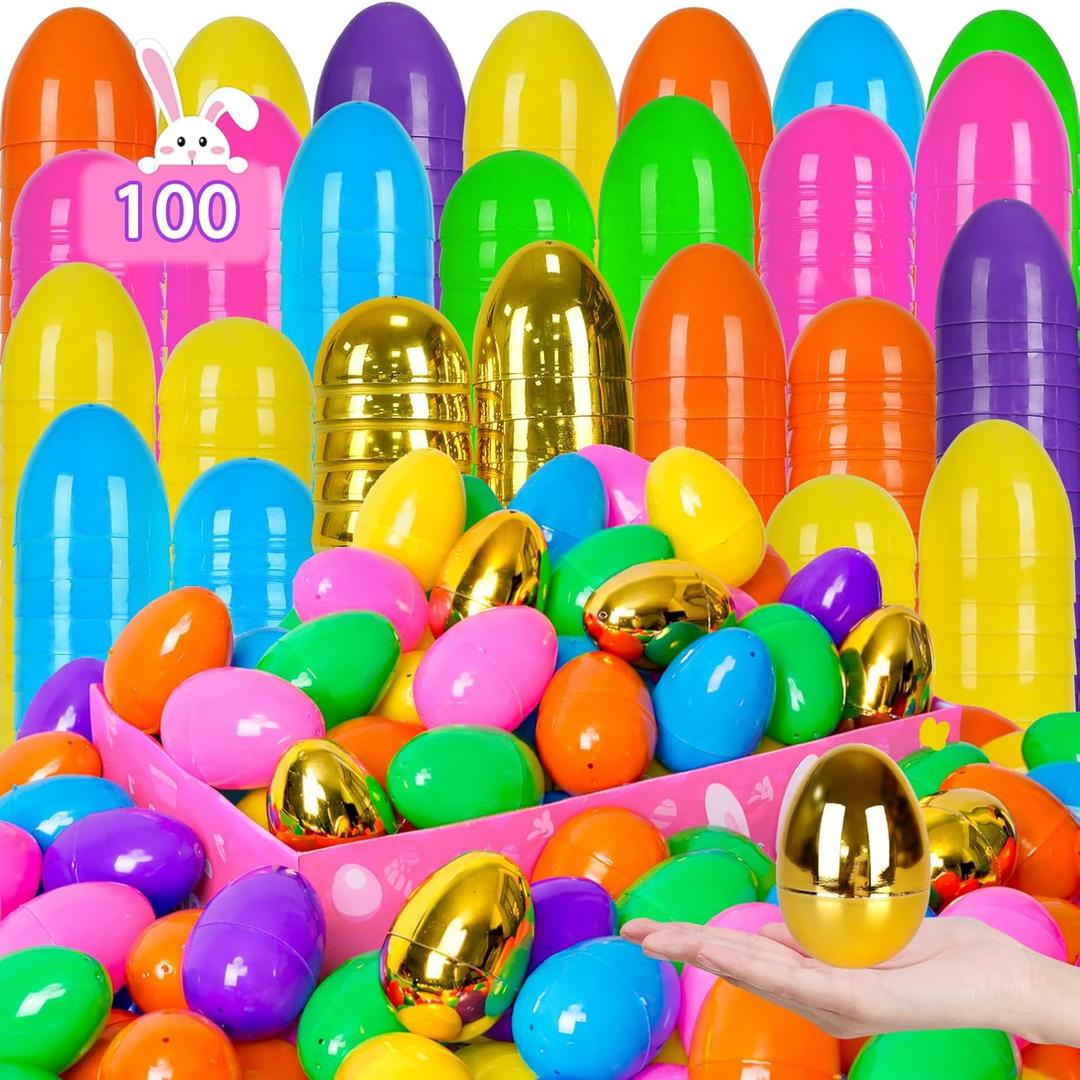 [6 Golden Eggs] 100 PCS 3" Fillable Plastic Easter Eggs Empty Easter Eggs Colorful Plastic Eggs Bulks for Kids Teens Boys Girls Easter Basket Stuffers Hunt Easter Party Favor