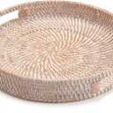 Round Rattan Serving Tray Decorative Woven Ottoman Trays with Handles for Coffee Table White (Small 11.8 inch x 2 inch)