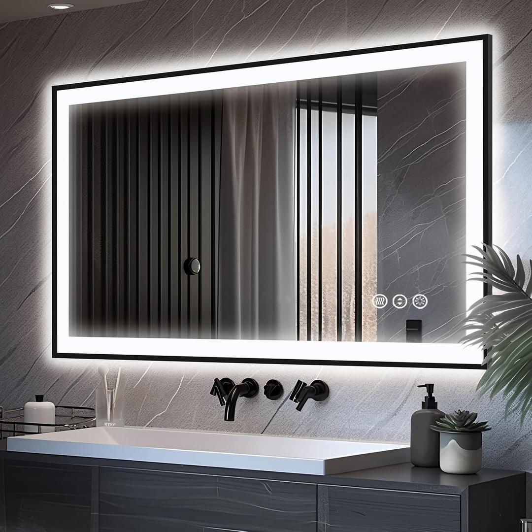 48x30 LED Bathroom Mirror - Black Aluminum Framed (Front and Backlit), Anti-Fog Lighted Vanity Mirror,Stepless 3 Colors Dimmable Lighted Smart Mirror(Horizontal/Vertical)