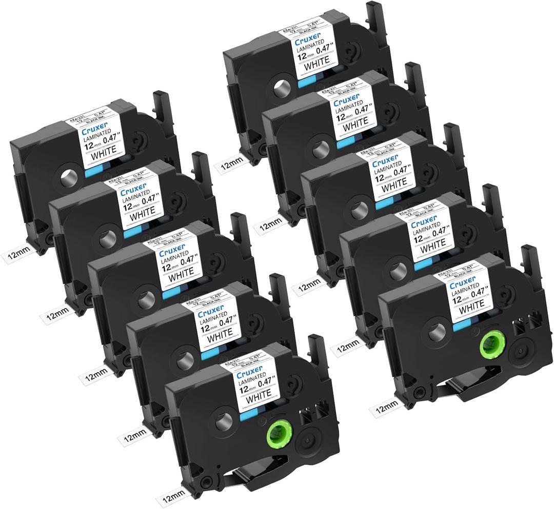 10 Pack Label Tape 12mm 0.47" Replacement for P-Touch Tape Compatible with Ptouch TZe-231 TZ-231 Laminated Tape, Black on White, for PT-D200 PT-D210 PT-D400 PT-H100 PT-1230PC Label Makers