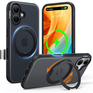 TORRAS 360 Magnetic Stand for iPhone 16 Case, [Fit for MagSafe] [Rotatable Stable Stand] [Camera Button] Military-Grade Shockproof Slim Back, O-Fitness Series, Obsidian Black, Translucent