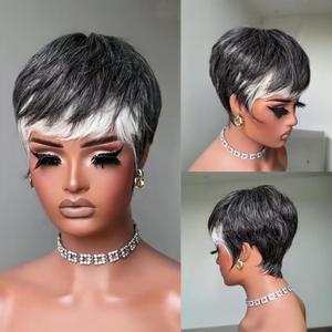 Short Pixie Cut Human Hair Wig Salt and Pepper Black with 60# Mix Gray Color for Women's Daily Wear Glueless Short Layered Pixie Cut Virgin Human Hair Easy to Throw on and go (1b mix 60)
