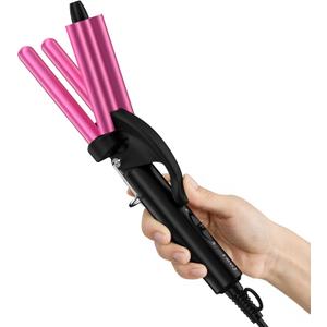 FARERY Mini Hair Crimper, 3 Barrel Curling Iron 1/2 Inch with Keratin & Argan Oil Infused, Travel Curling Iron with Dual Voltage, Pouch Bag, Hair Waver Beach Waves for Women