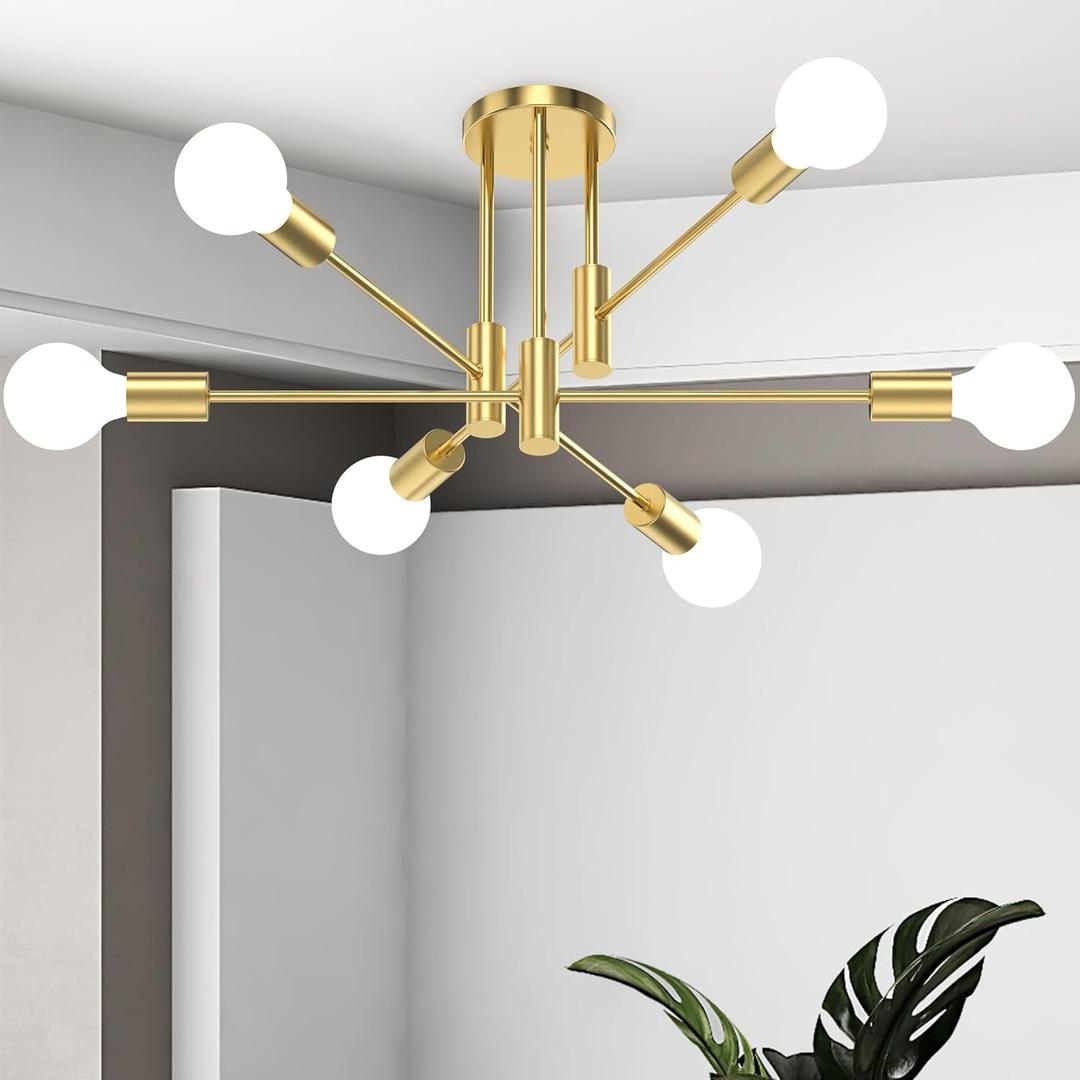 6-Light Sputnik Chandelier Gold, Mid-Century Modern Ceiling Light Fixture for Dining Room, Kitchen, Living Room, Bedroom