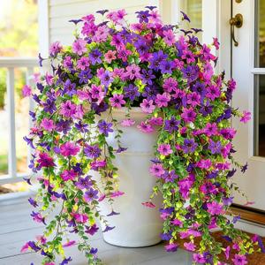 CCILAND 2 PCS Artificial Hanging Flowers for Outdoors, Fake Flower Plants UV Resistant Faux Hanging Spring Flowers for Home Porch Garden Patio Yard (Double Purple)
