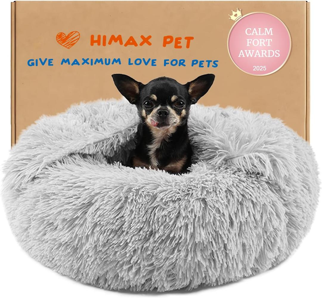 Himax Dog Beds for Small Dogs, Donut Dogs Bed with Blanket Attached, Calming Dog Bed Washable 20" Light Grey for Puppy