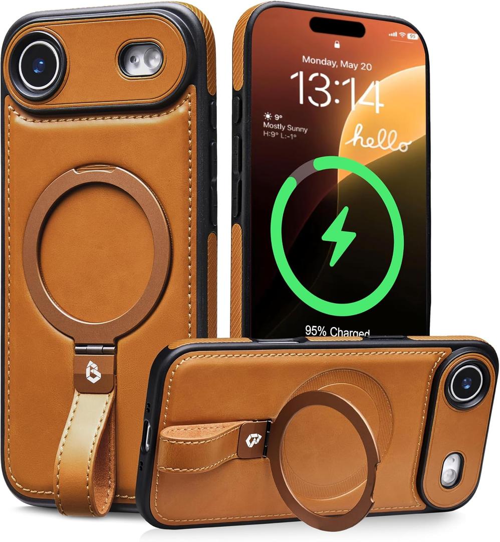 Butaiga for iPhone Air Case Leather Strap with Ring Stand, Brown