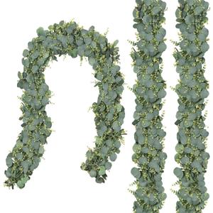 CQURE 3Pcs Eucalyptus Garland,Artificial Eucalyptus Leaves Table Greenery Garland Wreath Vines for Wedding Party Table Fireplace Bedroom Wall Room Decor (17.7 Ft)