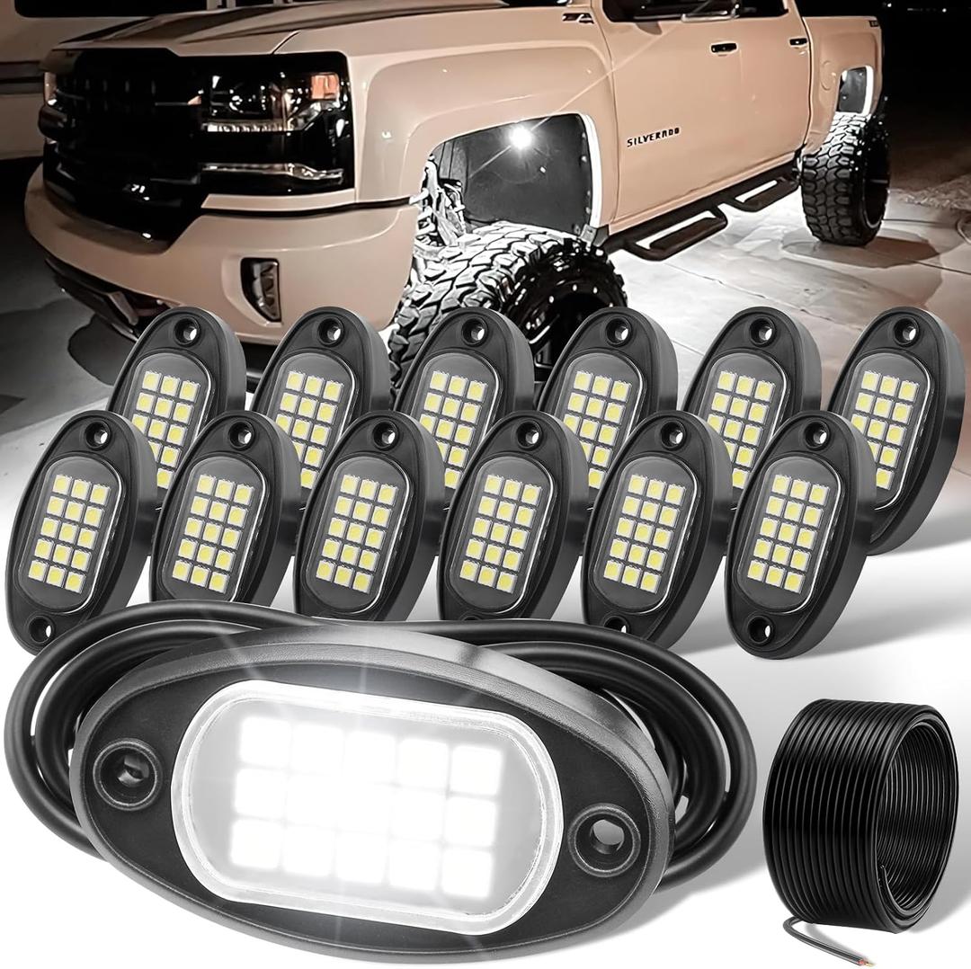 YONEDA 12 Pods White Rock Lights 6000K Pure White LED Underglow Lights IP68 Waterproof for Trucks SUV UTV ATV RZR Car Boats Motorcycle with 32.8ft Extension Wire