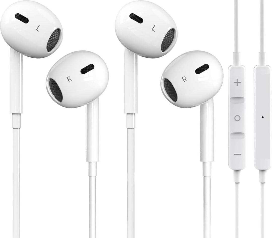 for iPhone Headphones Wired - 2 Packs [No Bluetooth, Plug and Play] for Phone Earbuds Earphones Noise Reduction Built-in Mic & Volume Control Compatible with iPhone 14~11/XR~7/SE/Pro/Pro Max, White
