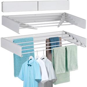 FOCHIER F Laundry Drying Rack Wall Mounted Clothes Drying Rack Collapsible with 5 Aluminum Rods and Drilling Template Long Screwdriver Bit 60 lbs Capacity (White, 31.5")