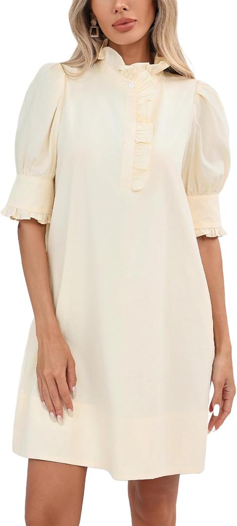 Women's Puff Short Sleeve Stand Ruffle Collar Summer Dress Casual A Line Shift Mini Dress with Pockets (Medium)