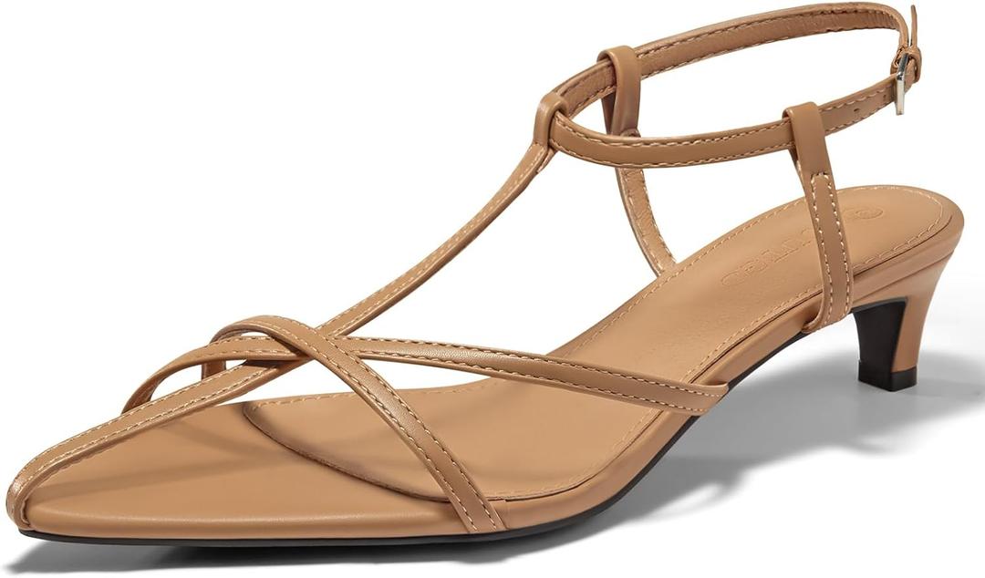 Coutgo Womens Dress Sandals Strappy Low Kitten Heels Pointed Open Toe Summer Beach Shoes (11, Khaki)
