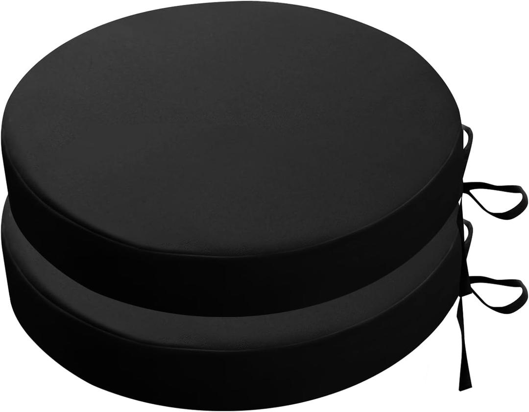 SK Studio Round Outdoor Chair Cushions for Patio Furniture, Set of 2 Waterproof Patio Chair Cushion with Adjustable Ties for Garden Sofa Couch, Black, 20"x20"x2"