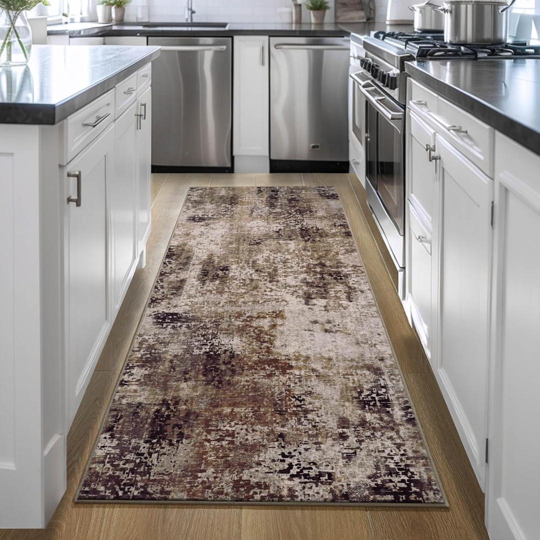 Runner Rug for Kitchen Coffee Hallways Runner Rug Non Slip 2'6''x8' Washable Brown Long Runner Rugs with Rubber Backing Soft Abstract Carpet Runner for Entryway, Kitchen, Bedroom, Bathroom