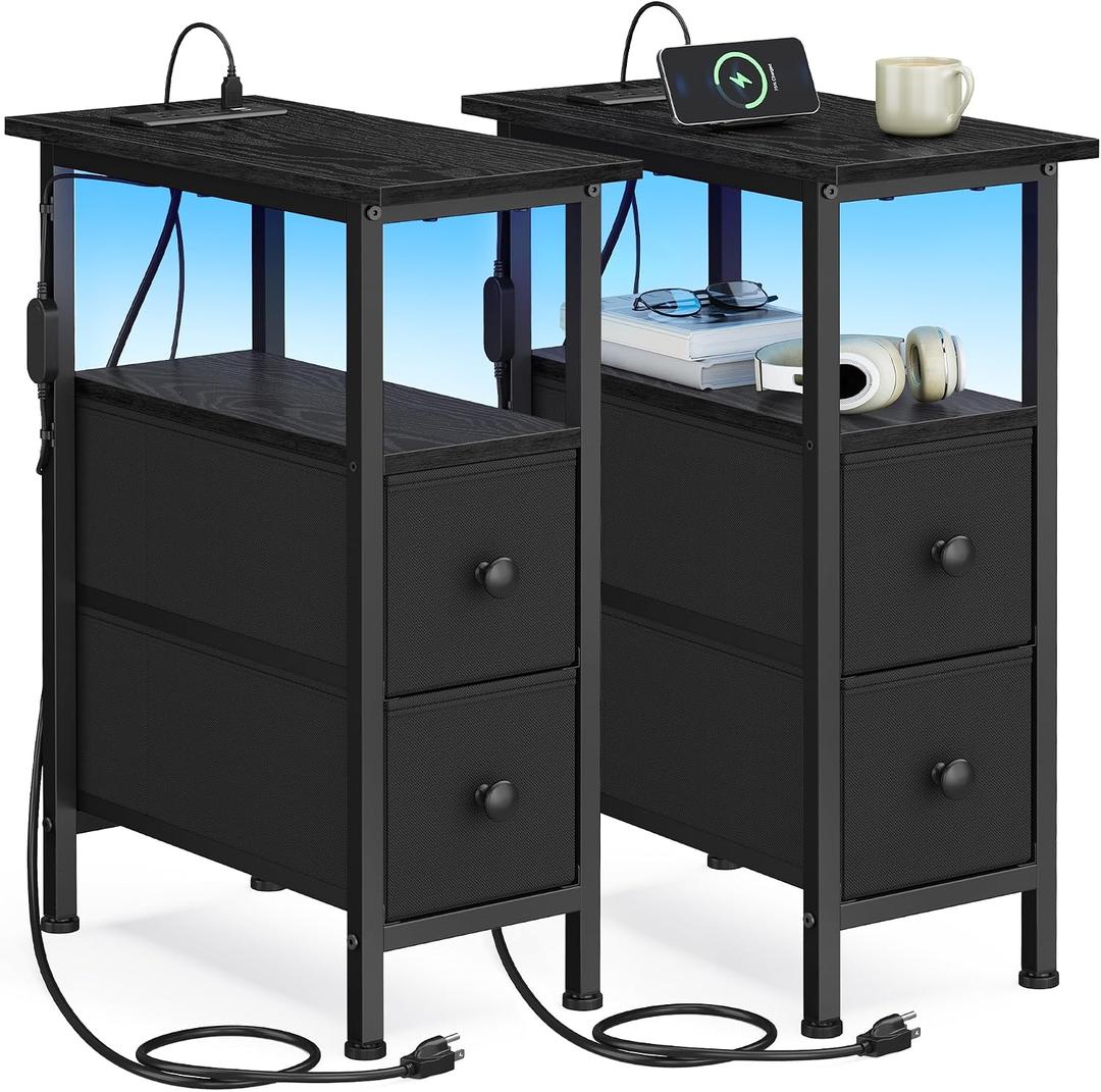 SONGMICS Side Table with LED Light, Narrow End Table with 2 Fabric Drawers, 2 Pack