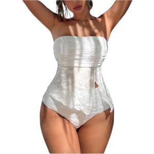 SHENHE Women's 2 Piece Strapless Tankini Swimsuits Split Tube Textured Bandeau Bathing Suits (Medium, White)
