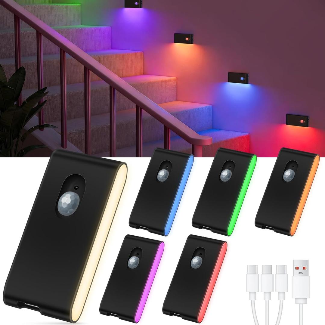 WILLED Rechargeable Night Light, RGB & Warm White Stair Lights Indoor, Color Changing Motion Sensor Light Indoor, Motion Sensor Night Light for Stair,Hallway,Bathroom,Cabinet,Closet,Kitchen,6 Pack (Black)