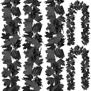 CQURE 5 Pack Black Fall Leaf Garland, Halloween Garland Hanging Vines Artificial Fall Maple Leaves Thanksgiving Decor for Home Wedding Fireplace Party