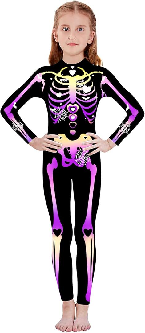 RAISEVERN Girls Skeleton Costume Kids Halloween Cosplay Jumpsuit Bodysuit 3D Graphic Costumes Size 5-14 Years (Black)