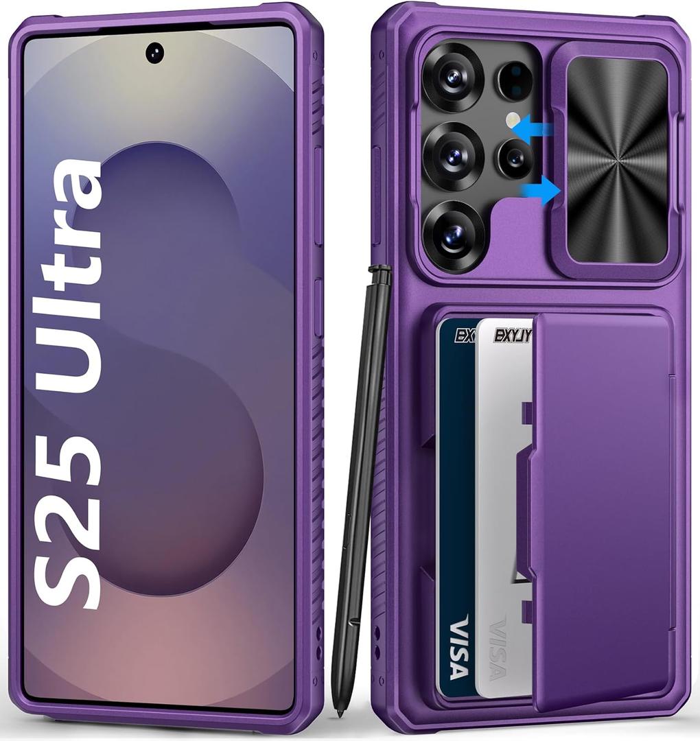 For Samsung Galaxy S25 Ultra Wallet Case, Card Holder (4-5 Cards), RFID Block, Slide Camera Cover & Military Grade Drop, Hard Heavy Duty Men Women Phone Case for Samsung Galaxy S25 Ultra, Purple