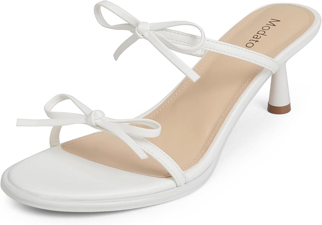 Modatope Womens Kitten Heel Bow Tie Two Strap Open Toe Sandals White Heels Slip on Rounded Toe Sandals Women Size 6.5