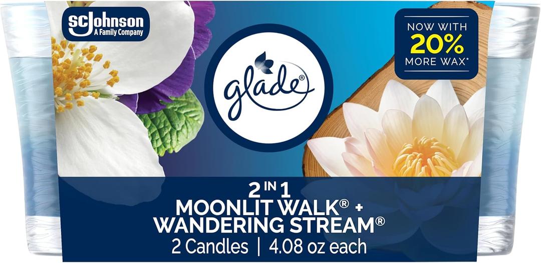 Glade 1-Wick Scented Candle Jar, 2in1 Moonlit Walk & Wandering Stream, Air Freshener Infused with Essential Oils, 4.08 Oz, 2 Count