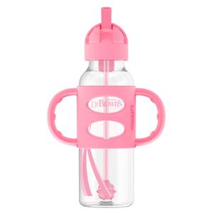 Dr. Brown's Milestones Narrow Sippy Straw Bottle, SpillProof with 100% Silicone Handles and Weighted Straw, 8 oz/250 mL, Gray/Pink, 6m+, 2 Pac