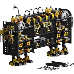 Upgrade Large Power Tool Organizer Wall Mount with Charging Station Tool Storage Rack with 6.5FT Power Strip 10 Drill Holder and Storage Rack for Garage Organization (Black)