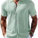 COOFANDY Men's Knit Short Sleeve Shirts Button Down Vintage Knitted Polo Shirt Casual Beach Crochet Cable Vacation Shirt Ice Green, Small