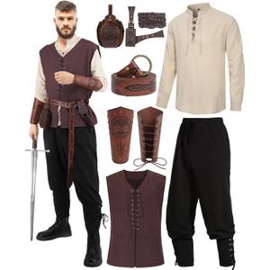 Oumbivil 9 Pcs Mens Renaissance Costumes Medieval Pirate Set Adult Halloween Costume Shirt Viking Vest Pants with Accessories (Small, Coffee)