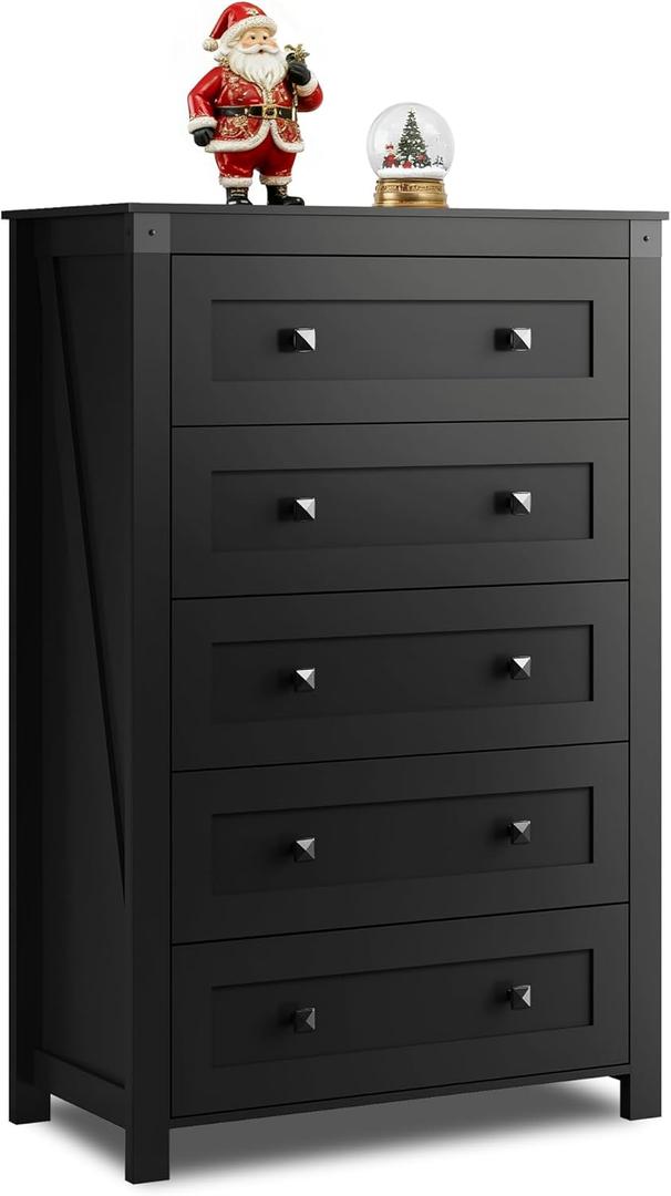 WLIVE Rattan Dresser for Bedroom, 50" Tall 5 Drawer Wooden Chest of Drawers, Boho Dresser Closet Storage Organizer for Living Room, Hallway, Light Oak (Black)