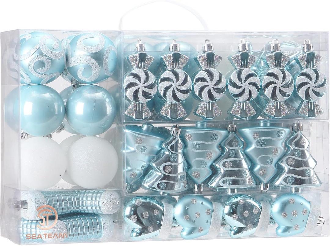 Sea Team 77-Pack Assorted Shatterproof Christmas Balls Christmas Ornaments Set Decorative Baubles Pendants with Reusable Hand-held Gift Package for Xmas Tree (Babyblue)