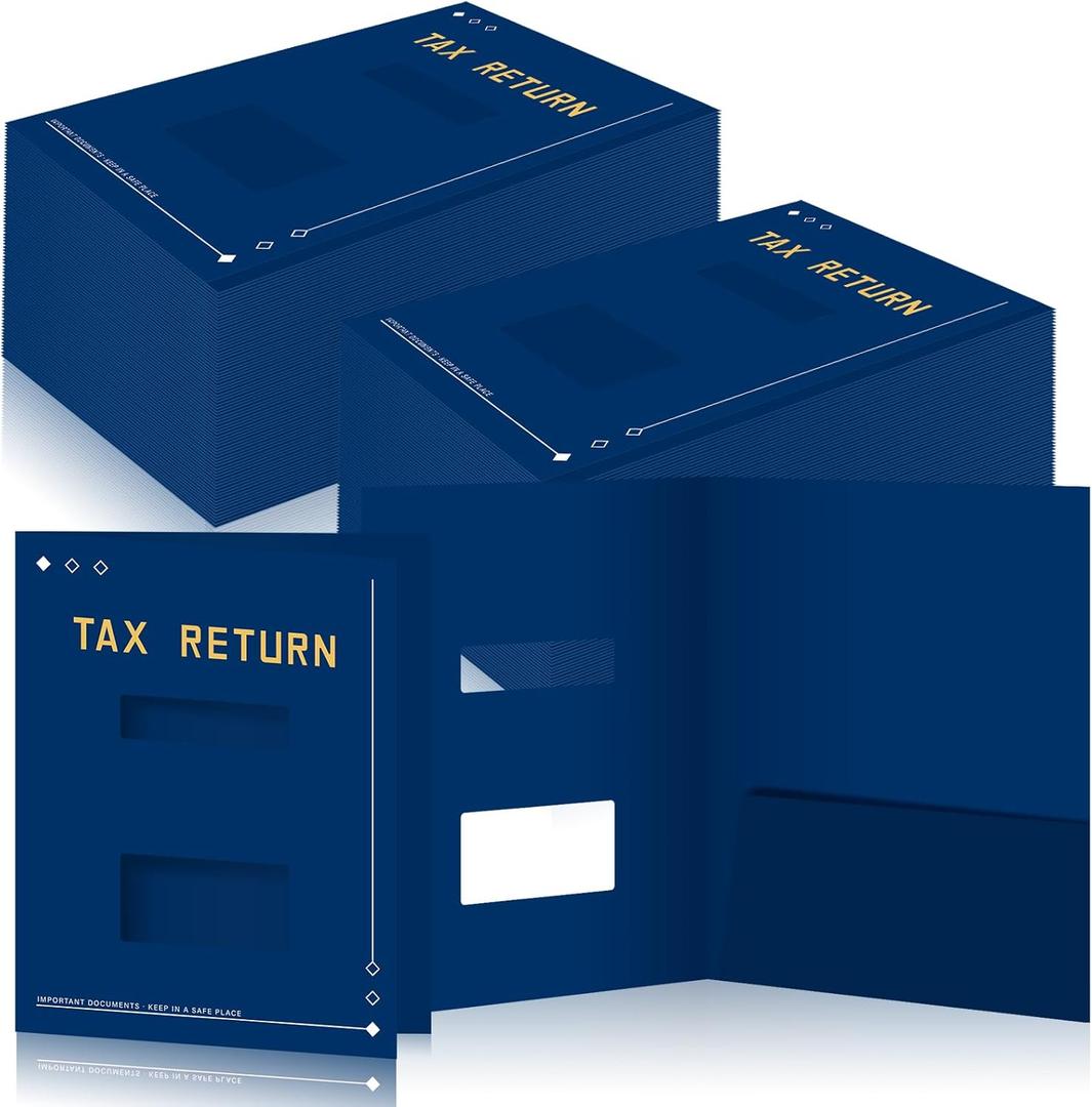 Mooliwe 100 Pcs Blue Tax Return Folders Bulk 9 x 11.25 Inches Income Tax Organizer with Side Staples Double Windows Paper File Pocket Document Folders for Accountants Business Office Supply