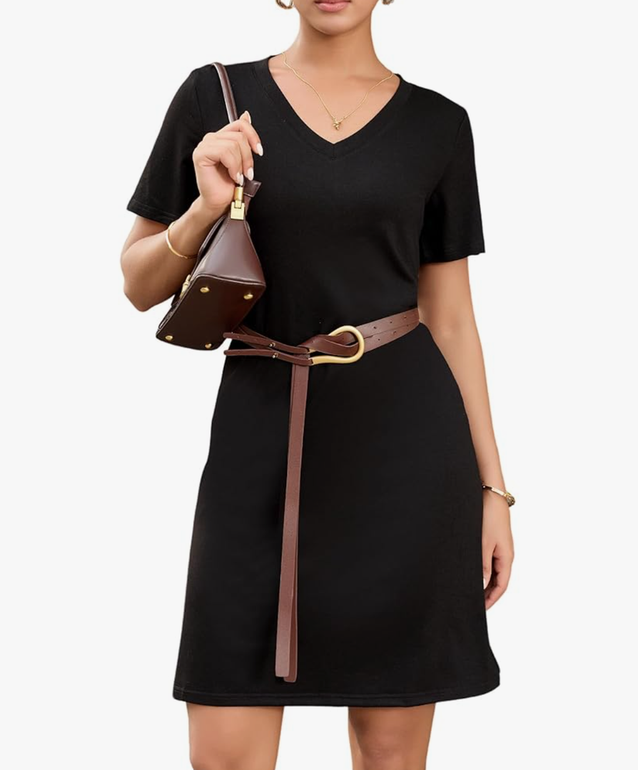 Womens Summer Dresses Casual V Neck Mini Shift Short Sleeve Sun Dress for Women Work Split Beach Sundress,L