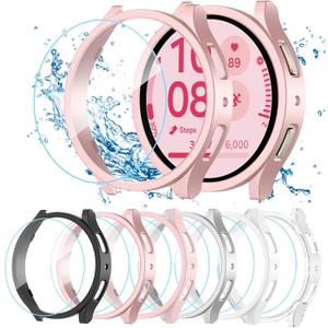 [6+6 Pack for Samsung Galaxy Watch 5/4 Screen Protector Case 44mm, HD Anti-Fog Tempered Glass Film & Waterproof Hard PC Bumper Cover for Galaxy Watch 5 4 44mm