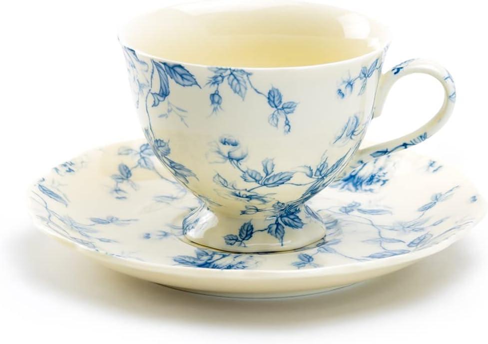 Blue Rose Toile Fine Porcelain Tea Cup and Saucer, Black White and Gold