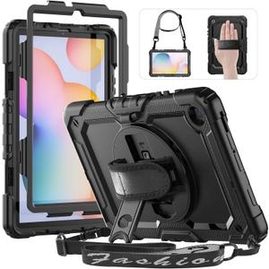 HXCASEAC Case for Samsung Galaxy Tab S6 Lite 10.4 Inch, Protective With Screen Protector, Hand Strap, S Pen Holder, Shockproof Tablet Case 2024/2022/2020 - Black (10.4 inch-Tab S6 Lite, Black/Black)