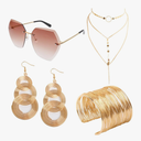 Fumwase 4 Piece 70s Disco Accessories for Party Halloween Cosplay 70s Disco Costume Accessory Set for Women with Luxuriant Coil Bracelet Disco Sunglasses Triple-Layered Choker and Gold Disco Earrings