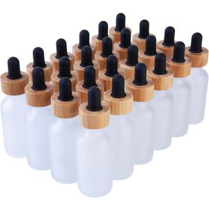 24 Pack Clear Frosted Boston Round Essential Oils Aromatherapy Glass Bottles Jar With Black Bamboo Eye dropper cap, 1oz