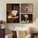 Framed Vintage Wall Art for Living Room, 3 Pieces Retro Floral Canvas Artwork for Bedroom, French Farmhouse Country Bird Violin Still Life Vintage Prints Art for Kitchen, Bathroom Wall Decor