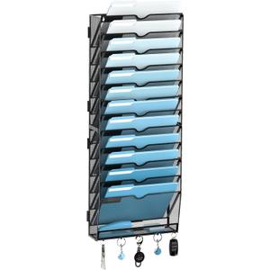 SUPEASY 13-Tier Wall File Organizer, Wall File Holder with Hooks, Mesh Hanging File Organizer, Mail Organizer Wall Mounted for Papers, Folders, Office Magazine Rack, Assembly Needed, Black
