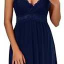 Women Lace Modal Nightwear Sleepwear Chemises V-Neck Full Slip Babydoll Nightgown (Medium, Navy Blue)