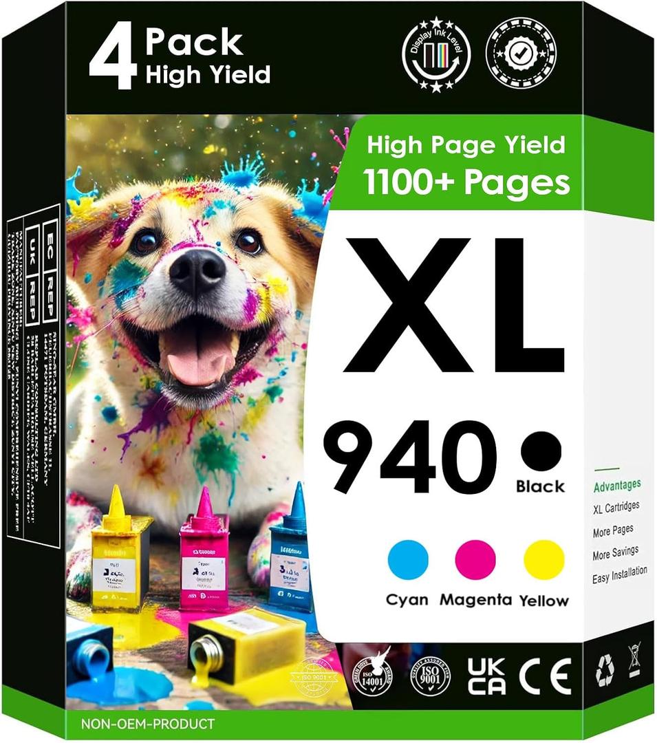 5-Star Compatible Replacement for 940xl. Works with OfficeJet Pro 8500 8500A A909a 8000 A809a A910a Printers. 4 Pack (Black, Cyan, Magenta, Yellow)